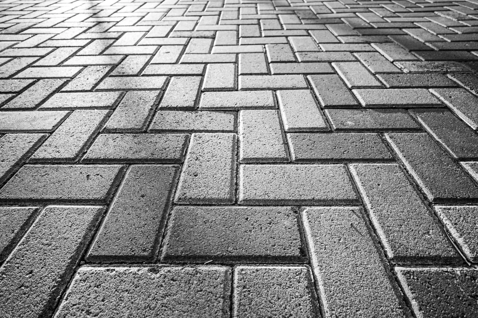 A detailed black and white image of herringbone brick pavement showcasing texture and pattern.
